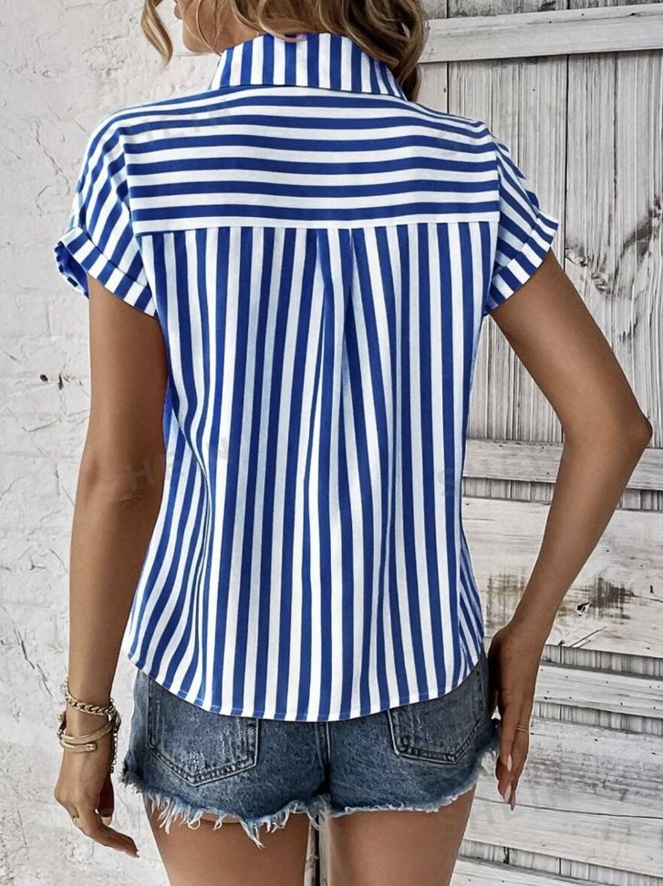 Women's summer V-neck pocket striped print shirt for women_voghion.com
