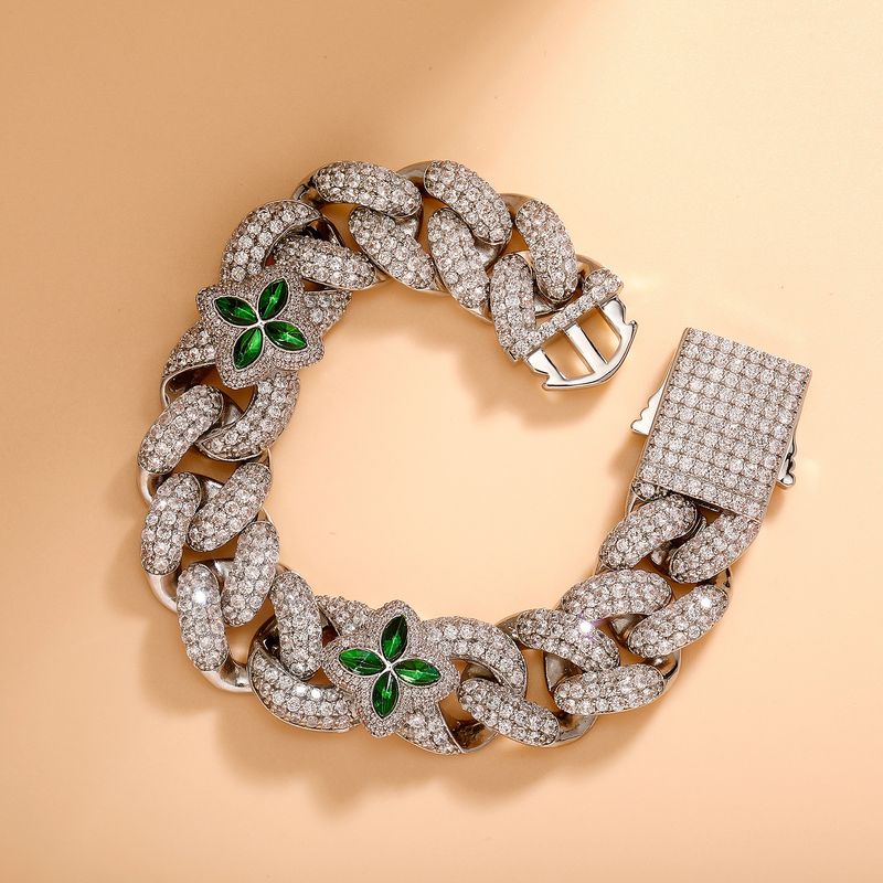 Herrenschmuck, kubanisches Gliederarmband mit vierblättrigem Kleeblatt, grünem Edelstein, verstellbarer Federverschluss, 17,8–20,3 cm, geometrisches Design, Unisex-Modeaccessoire_voghion.com
