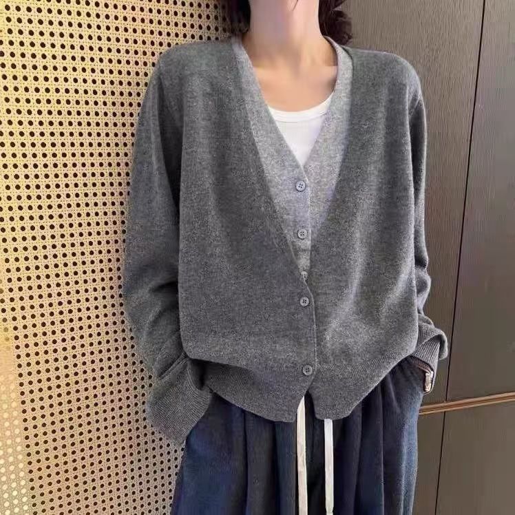 Pull 100 % laine pour femme, col en V, décontracté, deux pièces, tricoté, élégant, en cachemire_voghion.com