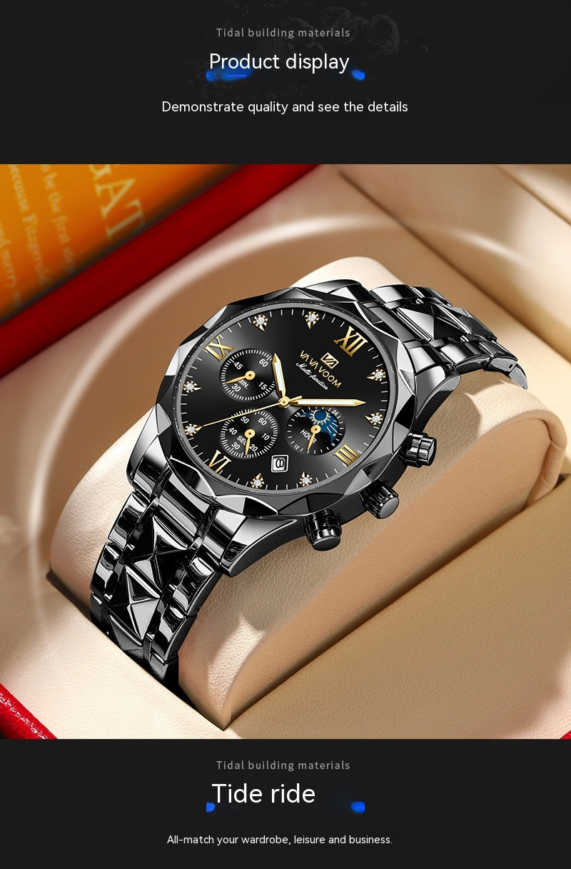 New Multi-functional Butterfly Buckle Men's Watch, Popular Men's Trend Double Calendar Tungsten Steel Waterproof Quartz Watch_voghion.com