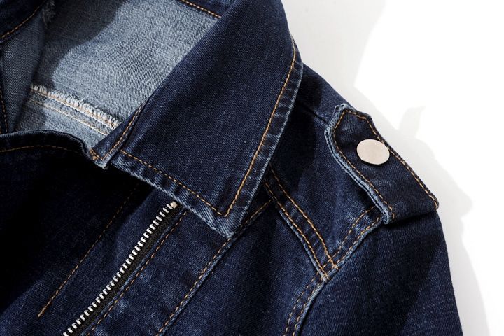 Damenbekleidung Slim Fit Stretch-Jeansjacke Kurzer Blazer im Biker-Stil mit Stehkragen_voghion.com