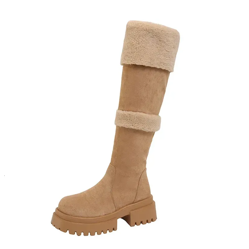 Winter Women Warm Plush Knee High Boots Concise Square Heels Shoes Ladies Slip On Long Botas De Mujer 250106_voghion.com