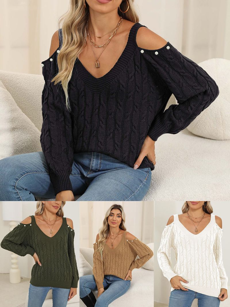 Maglione lavorato a maglia da donna, autunno inverno, con scollo a V profondo, sexy e largo, con spalle scoperte, 67201_voghion.com