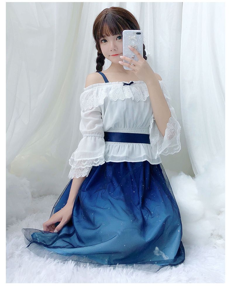 Lolita Summer Dress With Gradient Starry Sky Print - Cute JSK Sleeveless Dress With Mesh Overlay For Kawaii Fashion_voghion.com