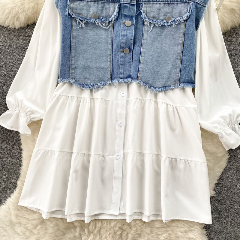 populära tvådelade kostymer, koreanska damkläder, designjacka i jeansväst, mångsidig babydollkjol, fashionabla tvådelade kostymer_voghion.com