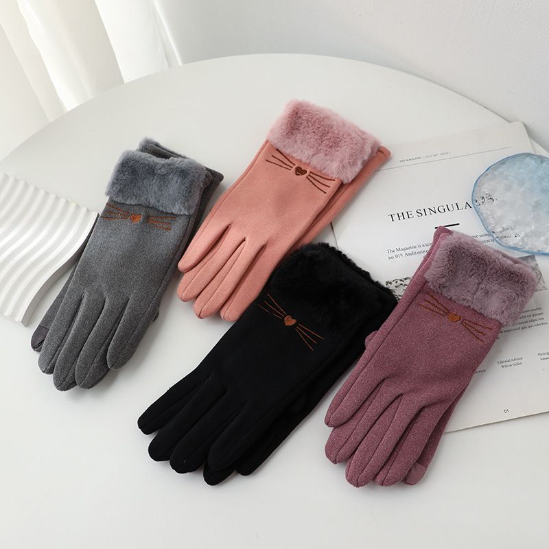 Women's gloves autumn and winter cute thickened velvet ladies cycling windproof cold proof five finger touch screen cycling spring and autumn style_voghion.com