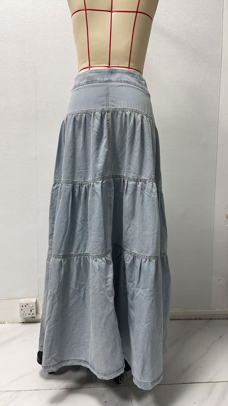 Vintage Low-Rise Denim Skirt For Women - Distressed High Waist Streetwear Mini Skirt With Ruffled Hem, Summer Casual Aesthetic, Blue Washed_voghion.com