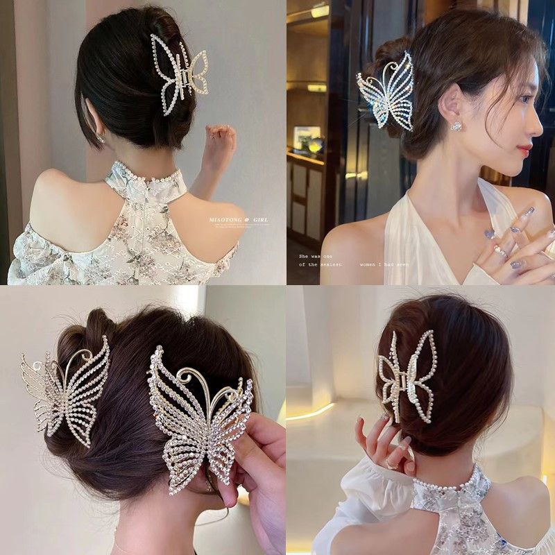 Cucchiaio posteriore grande con chiusura a farfalla, coreano elegante ed elegante, design piccolo, fermaglio per capelli con perle 2024 Novità da donna_voghion.com