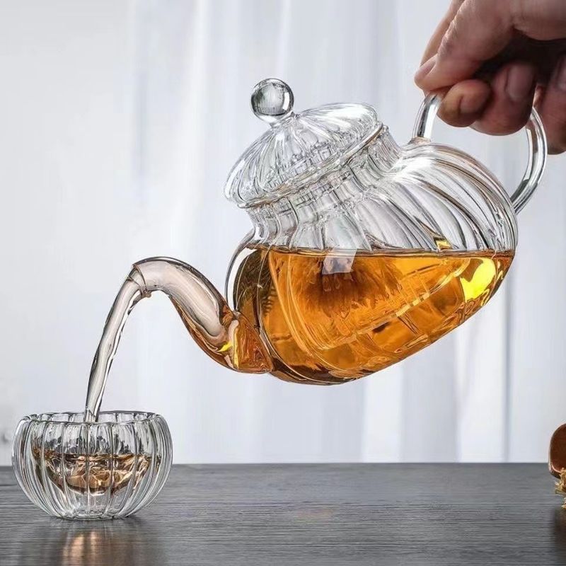 Striped Flower Teapot Thickened Glass Heat Resistant Explosion Proof Teapot Pumpkin Pot High Borosilicate High Temperature Resistant Flower Teapot_voghion.com