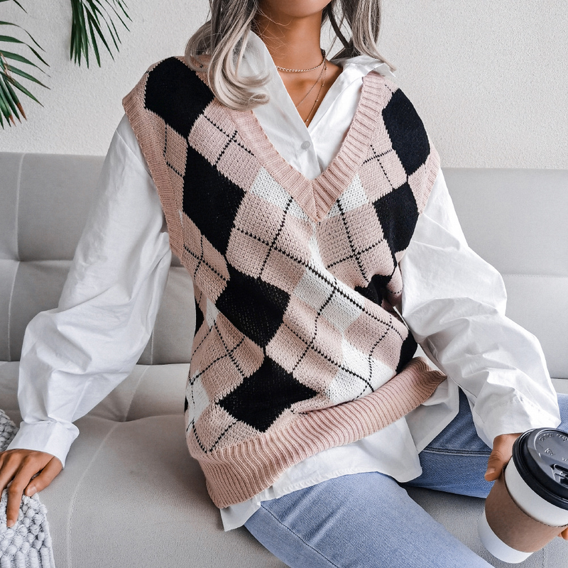 Vêtements pour femmes automne et hiver style collégial losange col en v décontracté gilet tricoté ample pull vêtements pour femmes_voghion.com
