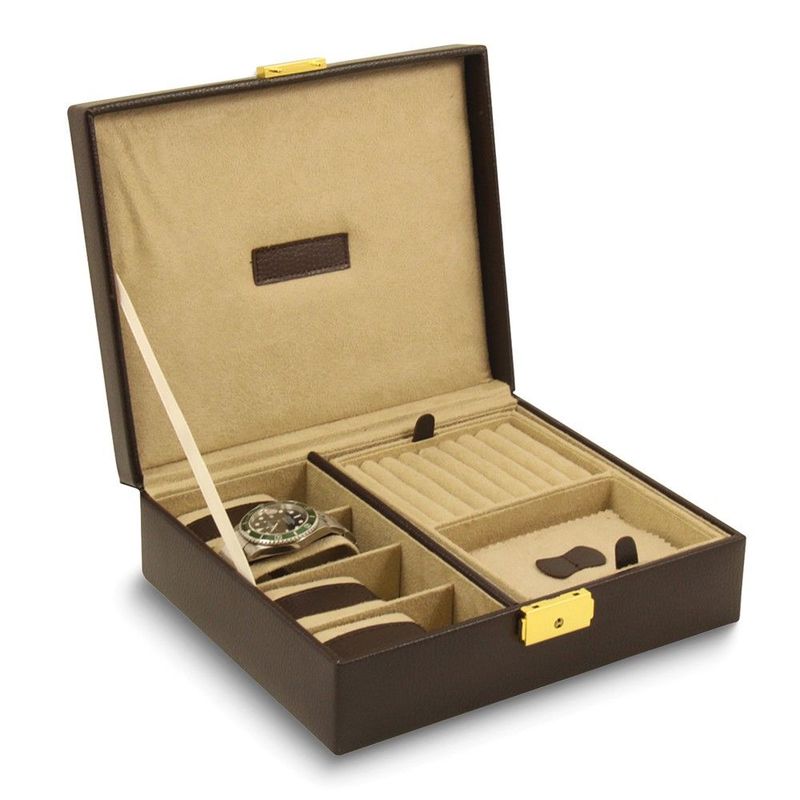 Brown Leather Velour Lined Locking 4-Watch And Valet Case_voghion.com