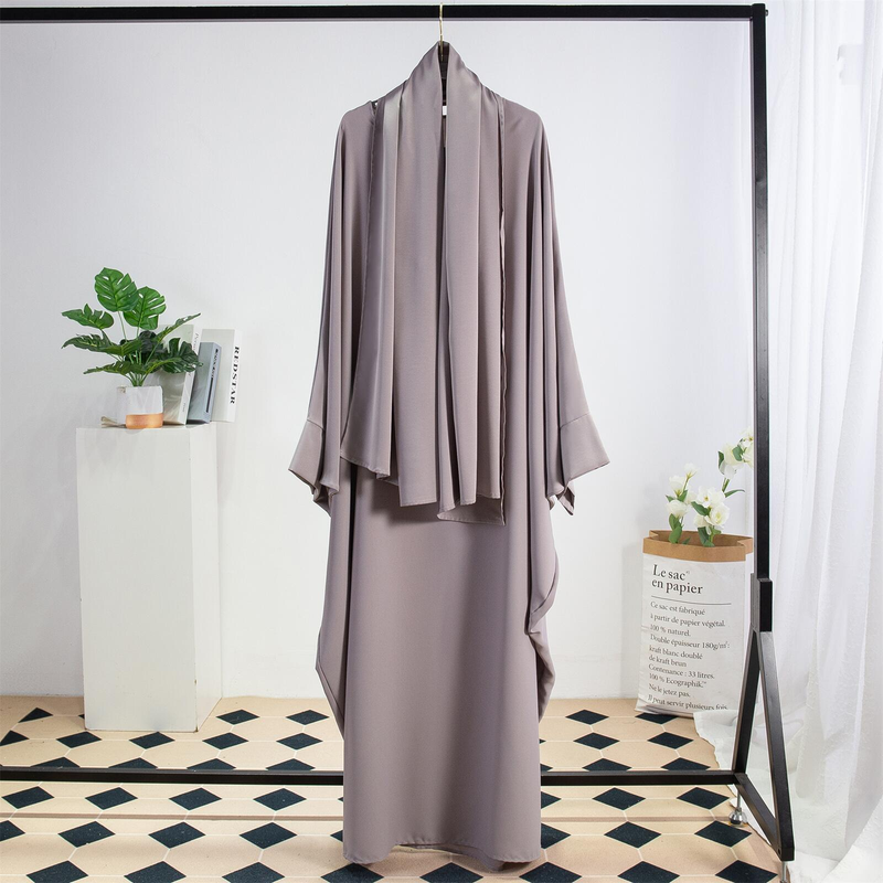 Dammekleeder Einfarweg Arabesch Kleed Fraekleed mat Kappduch Abaya Casual Loose Fliedermausärmel Robe_voghion.com