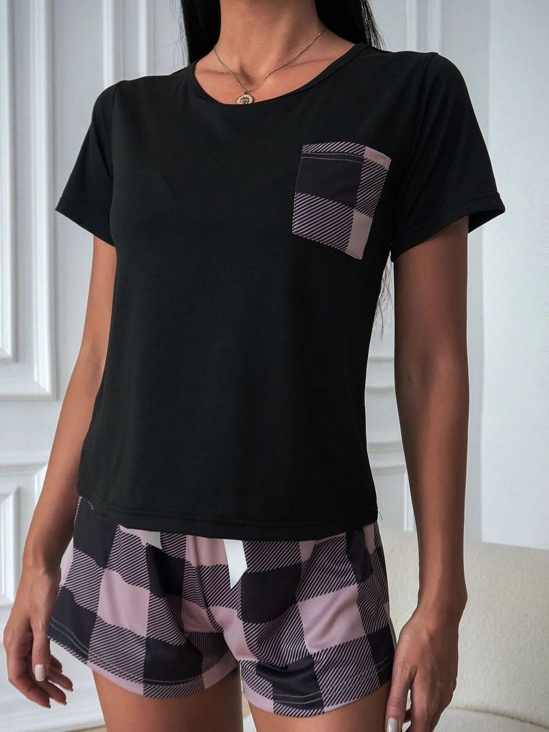 Women's Pajama Set, New Summer Models, Plaid Shorts, Round Neck Short-sleeved Top, Loungewear._voghion.com