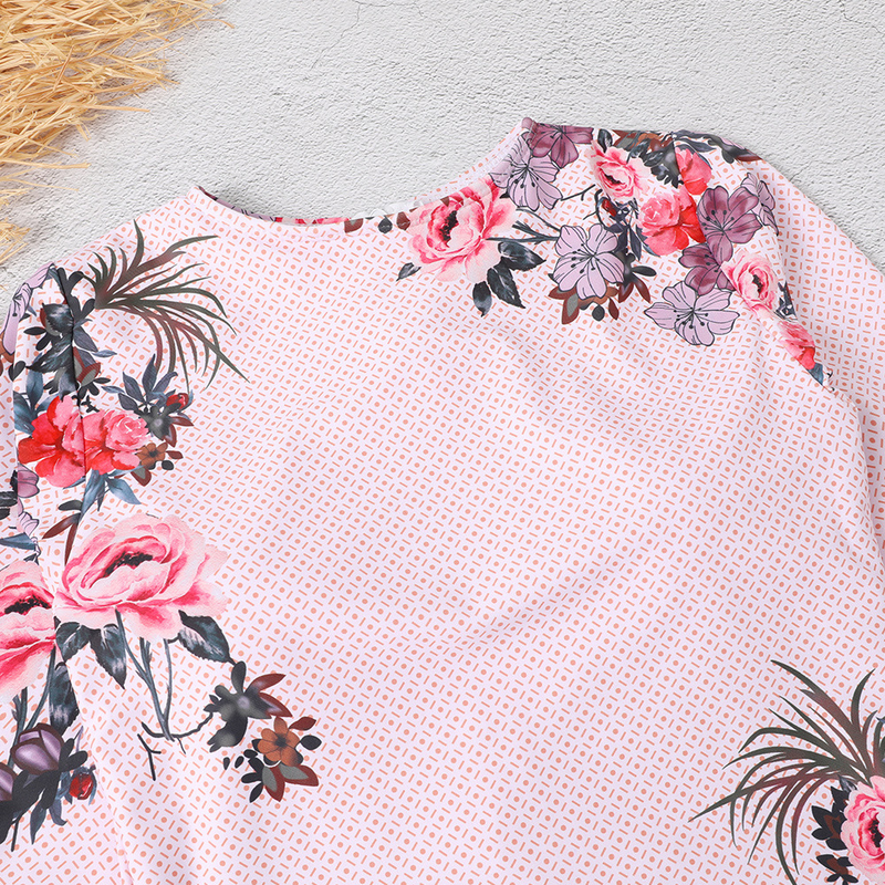 Costume da bagno intero a maniche lunghe con protezione solare alla moda da donna, vita alta, stampa rosa conservatrice_voghion.com