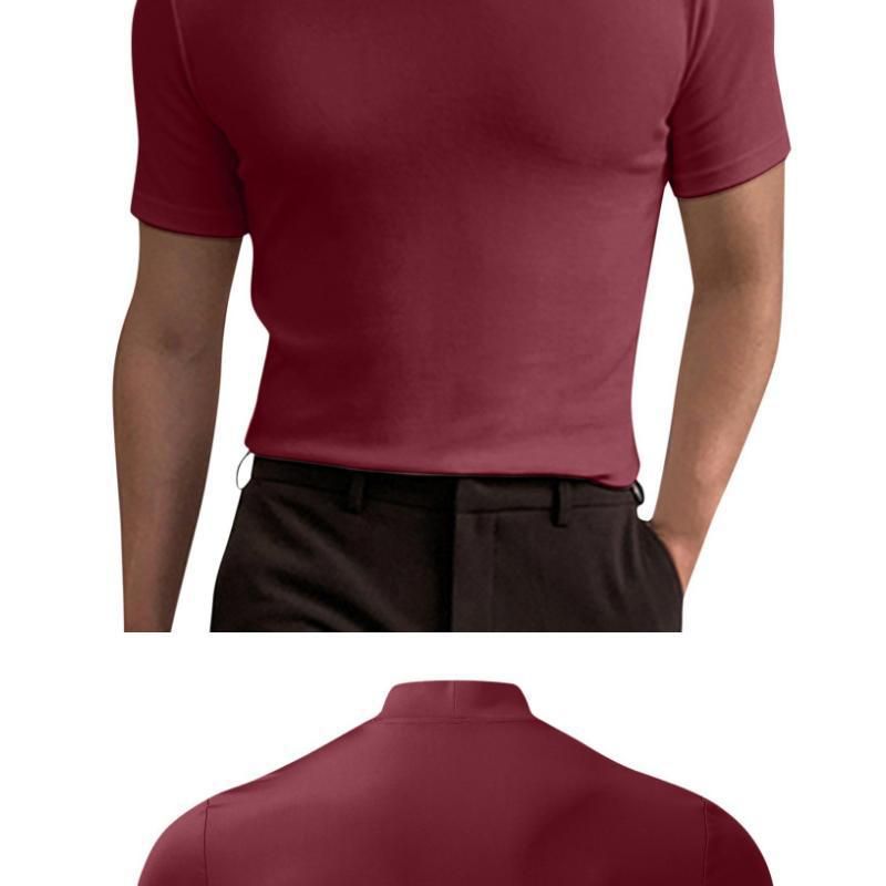 2024 Herbst Winter Stehkragen Kurzarm T-Shirt Herren Basishemd Einfarbiges Oberteil_voghion.com