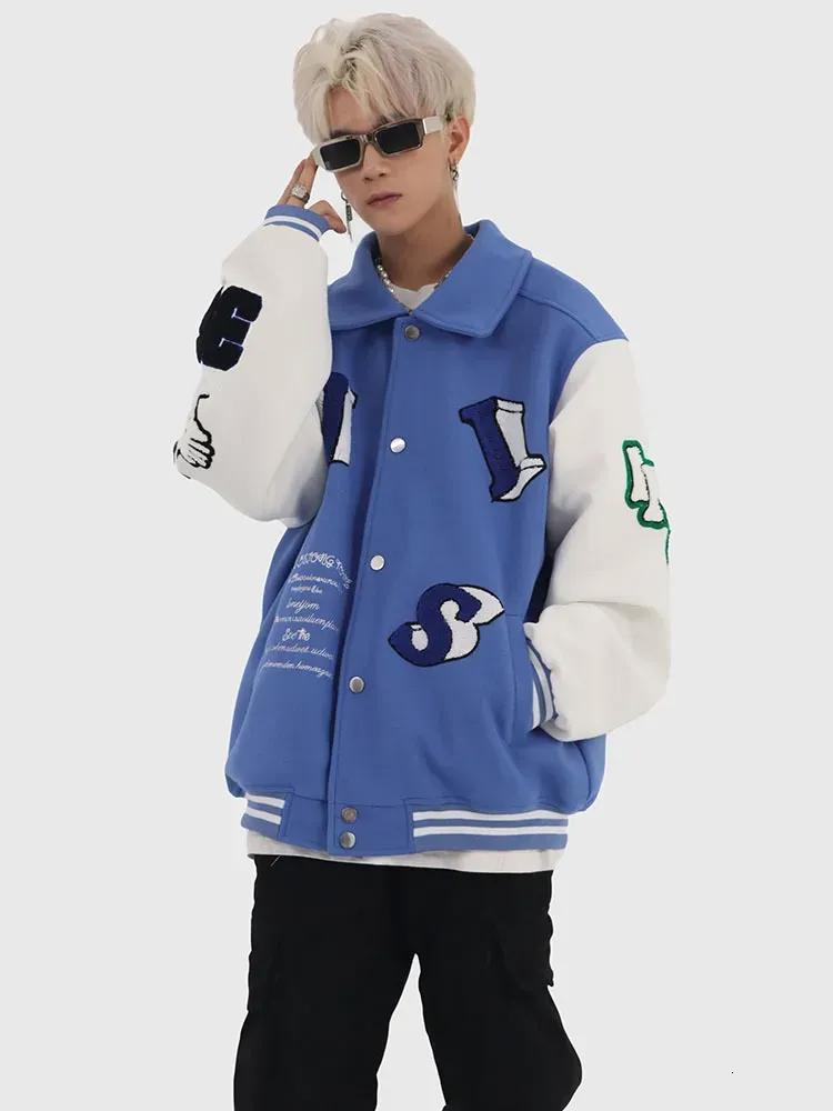 Men's Patchwork Jacket: Flocked Skeleton Varsity Bomber - Cool Male Jackets, Loose Fit College Coat, Blue Hip Hop_voghion.com