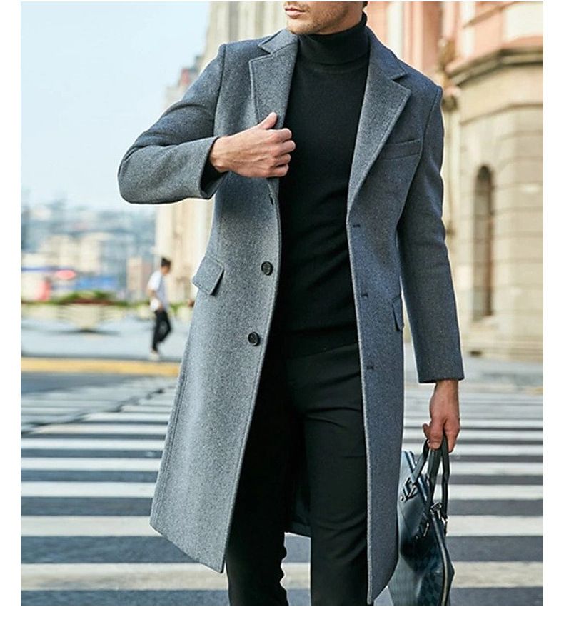 Men's Clothing Slim Mid Length Woolen Coat Single Breasted Trench Coat Slim Fit_voghion.com