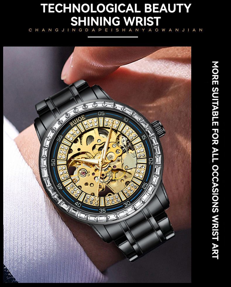 Reloj mecánico automático de lujo RUIGE para hombre, de acero inoxidable, con incrustaciones de diamantes, hueco, con brillo nocturno, resistente al agua, moderno._voghion.com