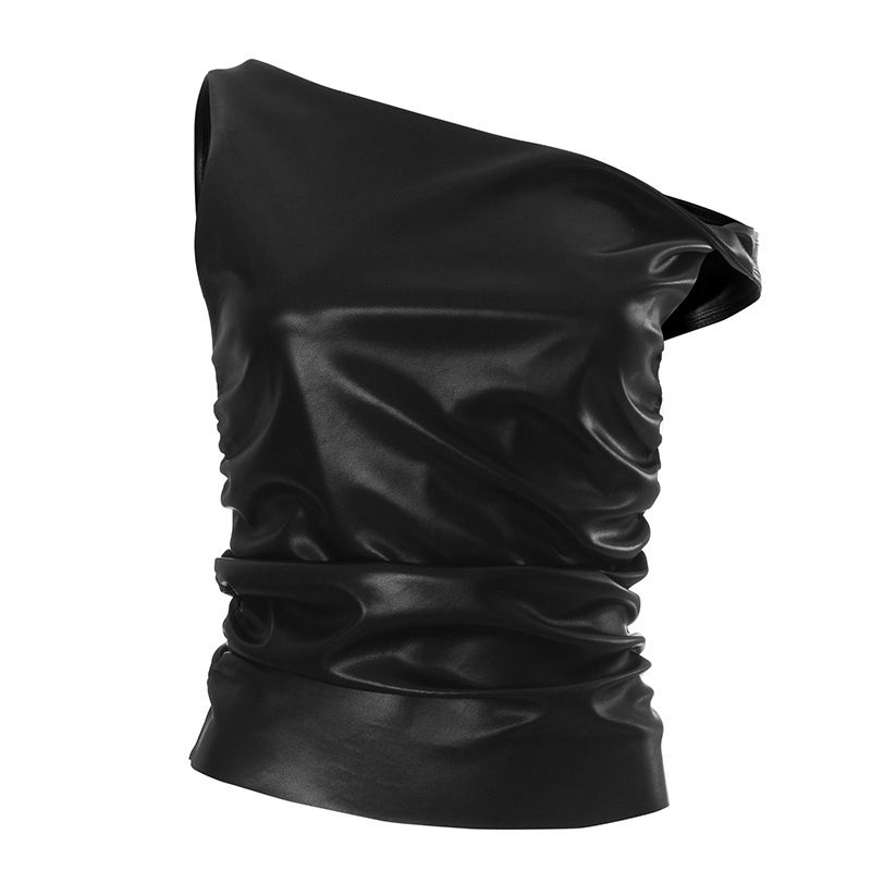 Y24TP647 Women's Autumn/Winter Twisted Strap Off Shoulder Leather Folded Short Open Umbilical Top T-shirt_voghion.com