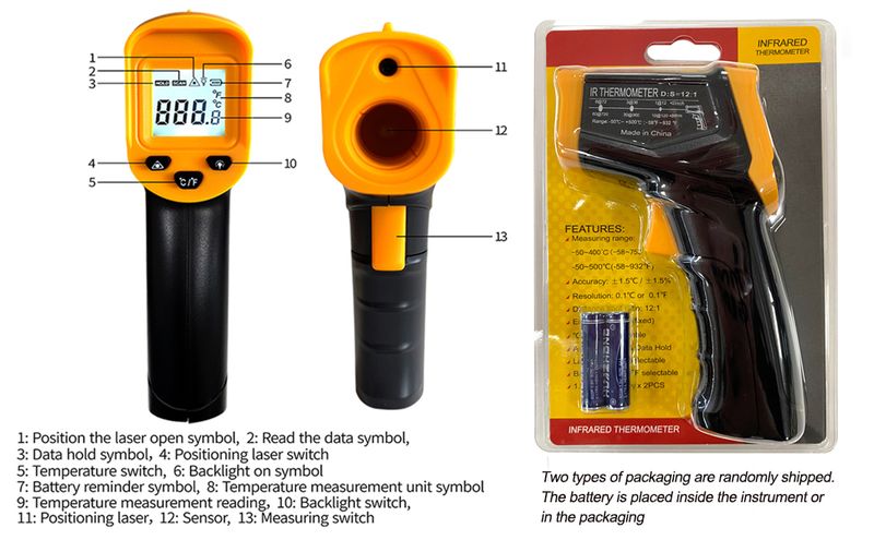 【Professional】Infrared Cooking Thermometer | Non-Contact -50°C~500°C | Instant 0.5s Read | Adjustable Emissivity | Backlit LCD (Stainless Steel)_voghion.com