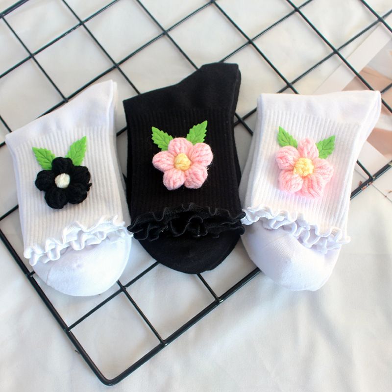 Calzini da donna in lana con fiori, autunnali e invernali, casual, in cotone, caldi, a metà tubo, con orecchie di legno, alla moda_voghion.com