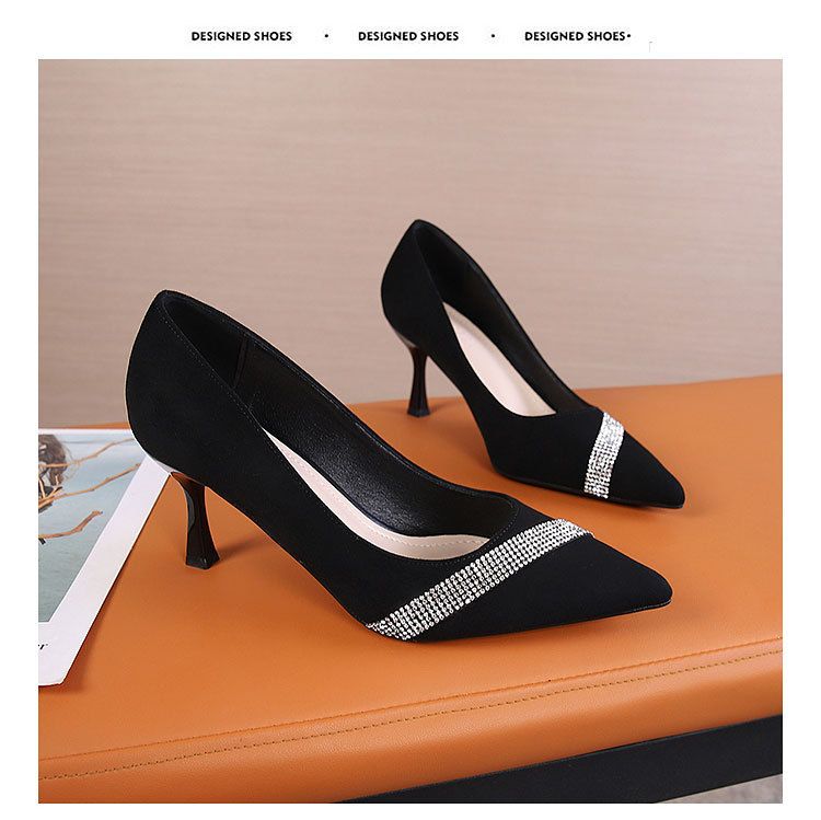 Women's High heels women's new spring and autumn rhinestone French shallow mouth suede pointed toe stiletto single shoes black with dress_voghion.com