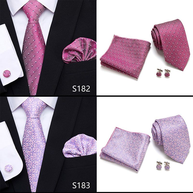 Jacquard Nuovo Design Festivo Regalo Cravatta Fazzoletto Gemelli Set Cravatta Uomo Plaid Camicia Gialla Accessori_voghion.com