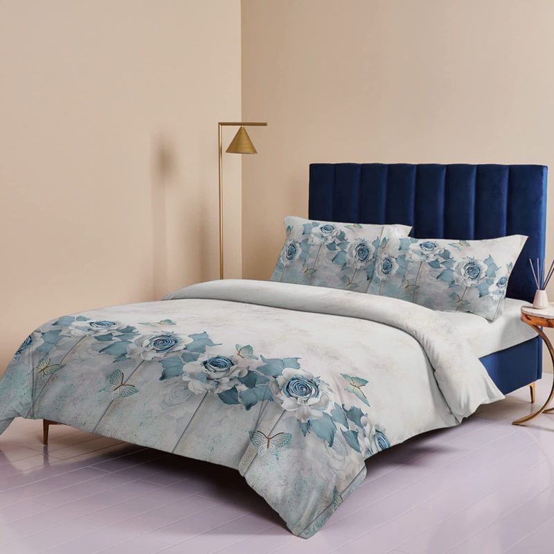 Zestaw pościeli Retro White Floral, trzyczęściowy, poszewka na kołdrę, miękki poliester, faktura frezowanego aksamitu_voghion.com