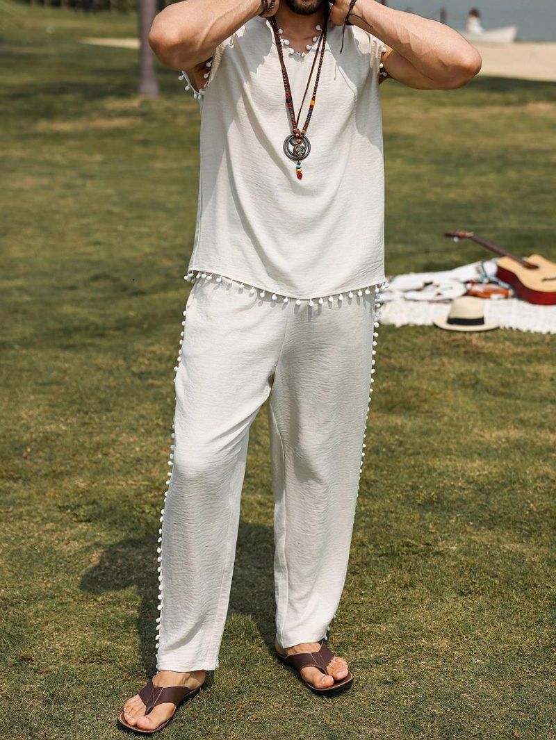 Herrenbekleidung Herren Einfarbig Pelz Ball Dekoration Ärmellose Weste Hosen Anzug INS Meistverkaufte Einfarbig Casual_voghion.com