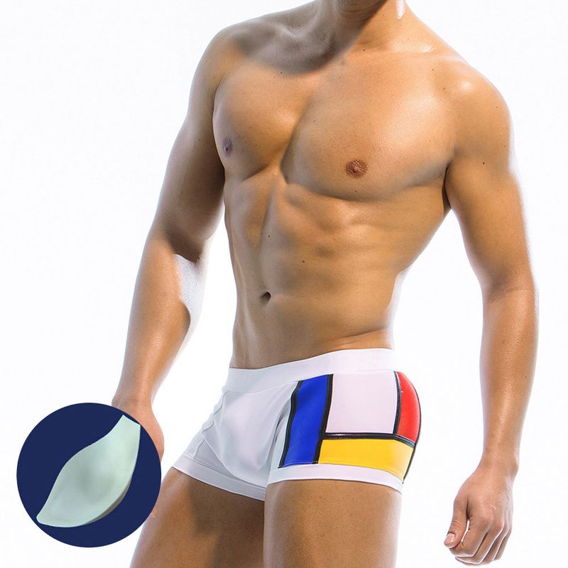 UXH Herren-Badehose mit mehrfarbigem Patchwork, sexy Bügel-Boxershorts, Persönlichkeit, einfache Anti-Exposure-Strandshorts für Männer_voghion.com