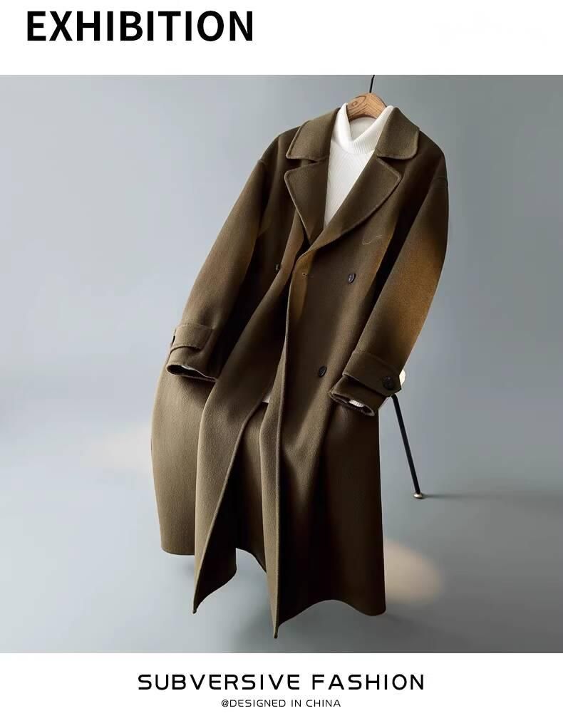 Double-Sided Woolen Mid-Length Coat For Men, Korean Style, Loose Fit, Turn-Down Collar, Casual Versatile Full Wool Suit_voghion.com