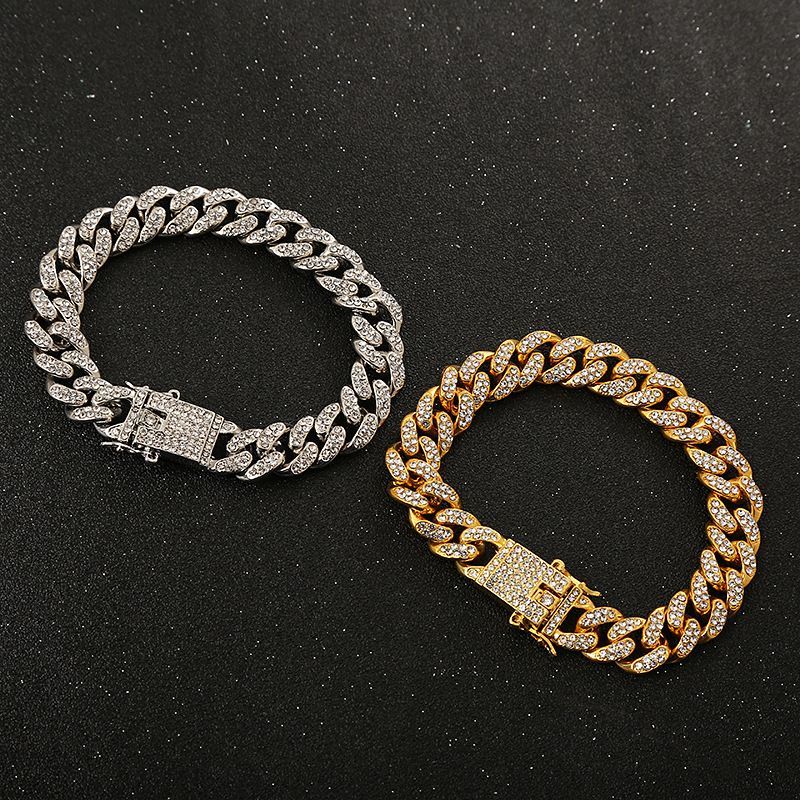 Trendy Personality Herren Cool Hip-Hop-Accessoires Big Gold Intarsien mit Dias Cuban Chain Armband Halskette_voghion.com