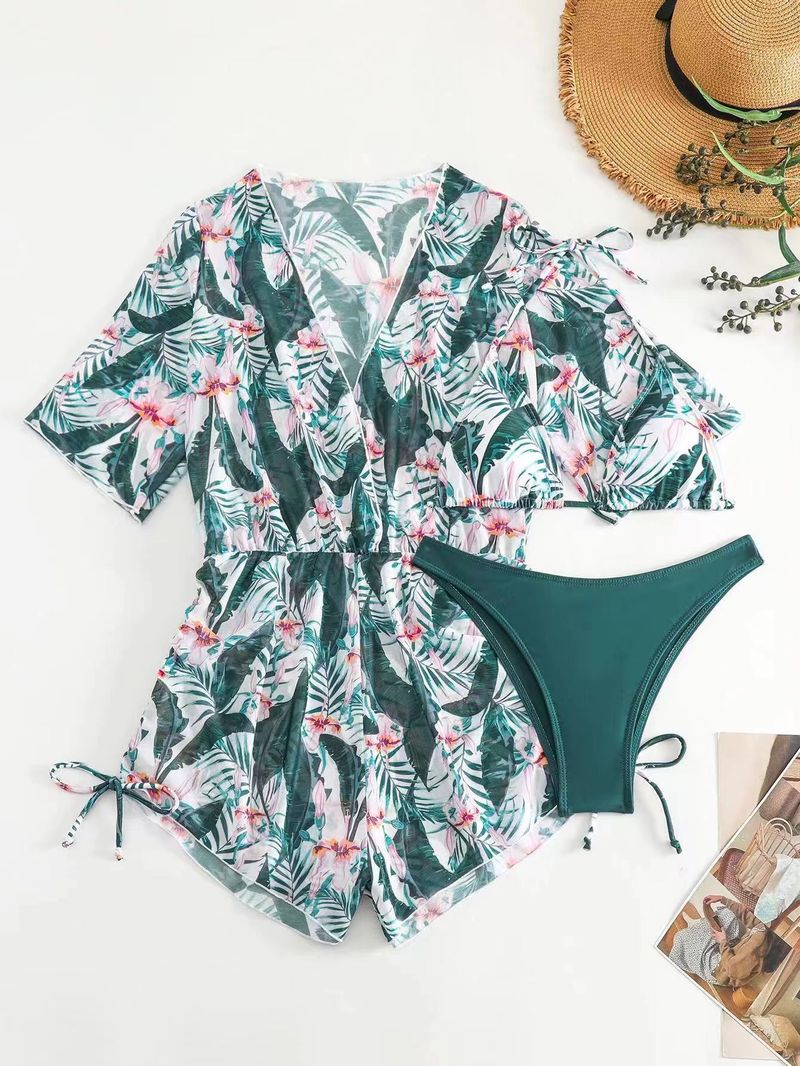 Verve 2025 Long Sleeve Three-Piece Set Mesh Waist Drawstring Printed Two-Piece Bikini Swimsuit For Women_voghion.com