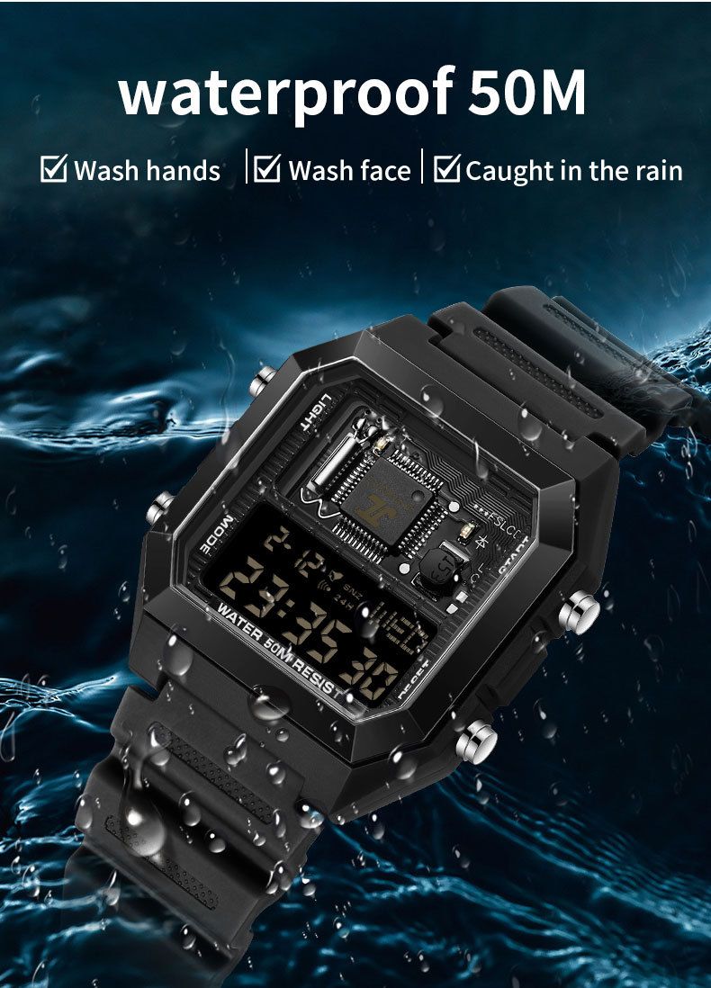 Digitaal wekkerhorloge met multifunctionele timer, stopwatch, LED-achtergrondverlichting, waterdicht tot 50 m, unisex vierkant sporthorloge voor studenten en professionals_voghion.com