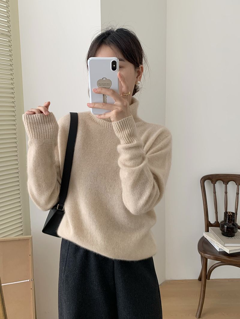 Grobstrickpullover mit hohem Halsausschnitt für Damen – Übergroßer, lässiger Rollkragenpullover, weiche Acrylmischung, einfarbiges Thermo-Oberteil für den Winter (Grau, Schwarz, Beige)_voghion.com