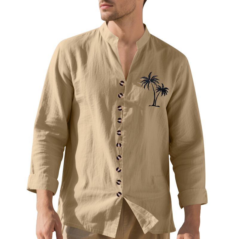 Camicia da uomo casual con colletto alto e maniche lunghe con bottoni, stampata con albero di cocco autunnale_voghion.com