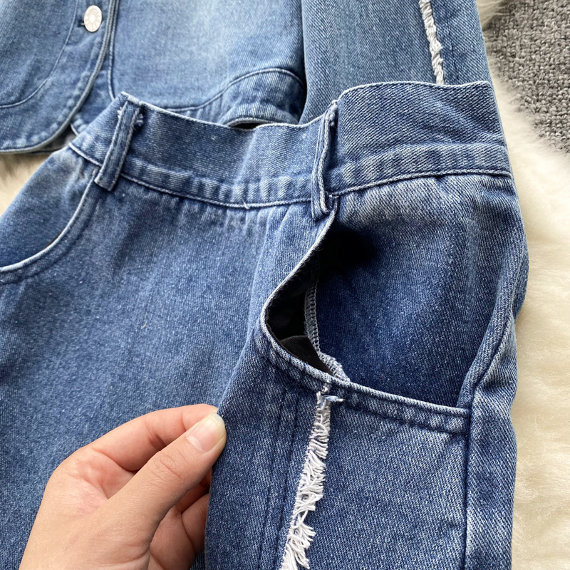 Dames lente- en herfstretro gewassen kort spijkerjack voor dames + afslankende, onafgewerkte heuprok met hoge taille en split, heuprok twee_voghion.com
