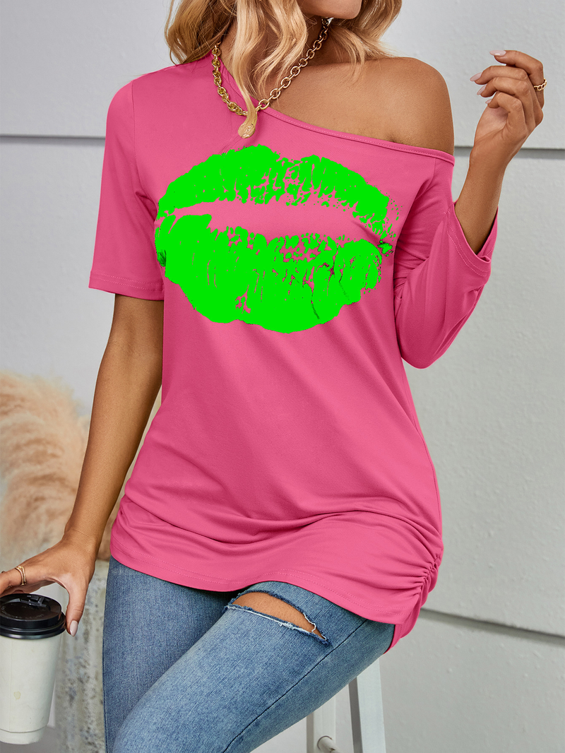 Damen Love bedrucktes Kurzarm-T-Shirt, schulterfreies, unregelmäßiges Ärmel, langes, modisches, schmales Oberteil_voghion.com