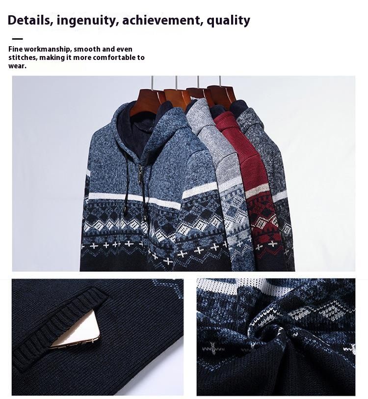 Winter new coat hooded fleece sweater color blocked casual zipper knitted men's cardigan_voghion.com