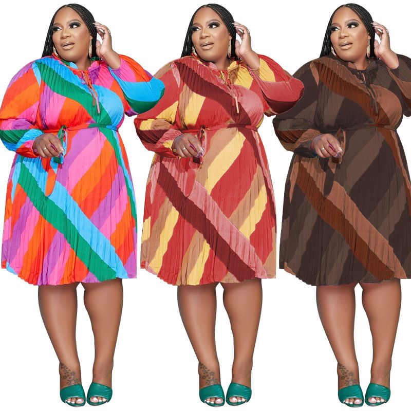 Neue Streifen mit Gürtel Mode lose Damenkleider in Übergröße_voghion.com