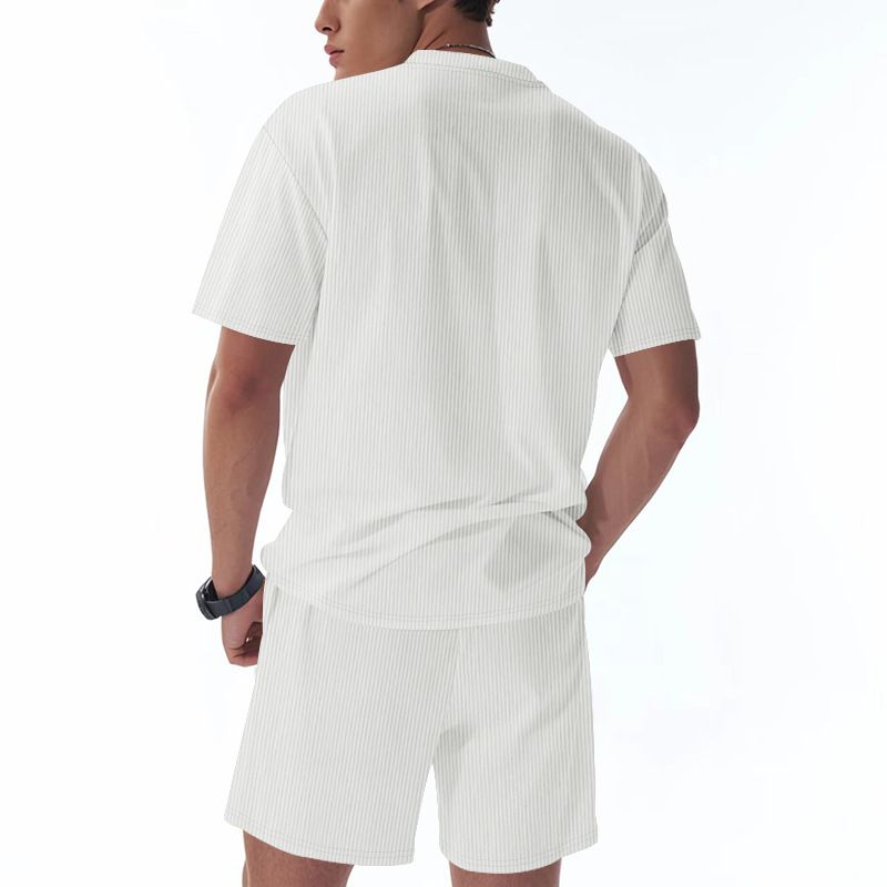 Ensemble short et short à manches courtes et col rond pour homme, style américain, décontracté, simple, respirant, côtelé, ample, été 2025_voghion.com