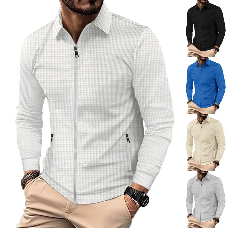 Men's Clothing Men's Waffle Knit Zip-Up Jacket With Stand Collar - High Street Casual Autumn Coat For Men_voghion.com