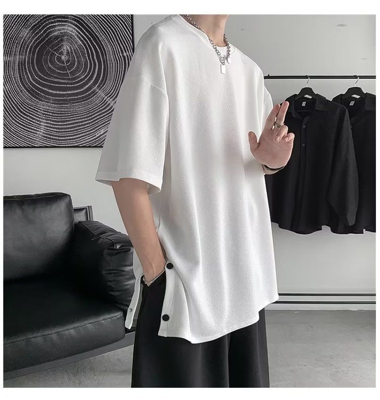 Trendy brand short T-shirt for men with irregular patchwork round neck design, fashionable split, solid color, half_voghion.com