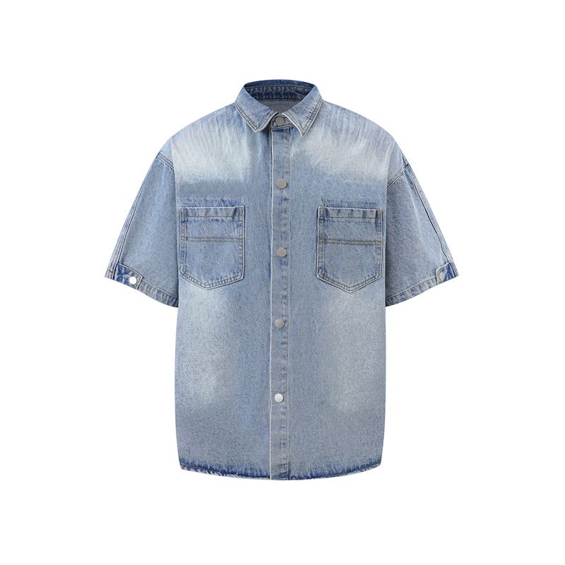 Herrenbekleidung Washed Old Denim Kurzarmjacke Weite Beinhose Anzug Herren Loose Summer Ins Denim Anzug_voghion.com