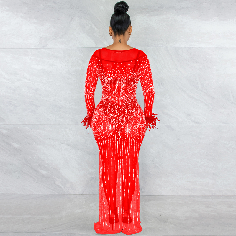 Damenmode-Nachtclub-Party mit Diamant-Damen-Mesh-Perspektive, langärmeliges Kleid, Damenkleid_voghion.com