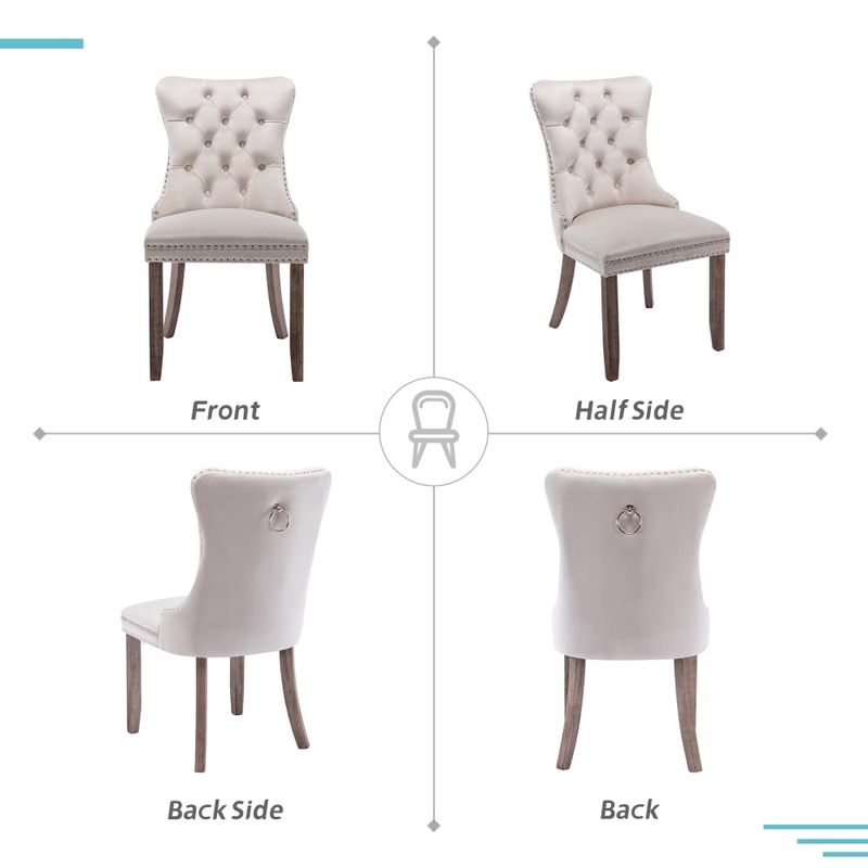 CREASION Set Of 2 Velvet Dining Chairs, Button Tufted With Wood Legs, Rivet Trim & Knocker Ring For Dining & Living Room_voghion.com