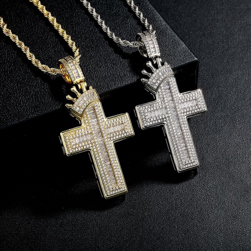 Gioielli da uomo e da donna - Collana con ciondolo a forma di croce e corona hip hop con zirconi cubici, catena intrecciata alla moda per strati eleganti (misure 24")_voghion.com
