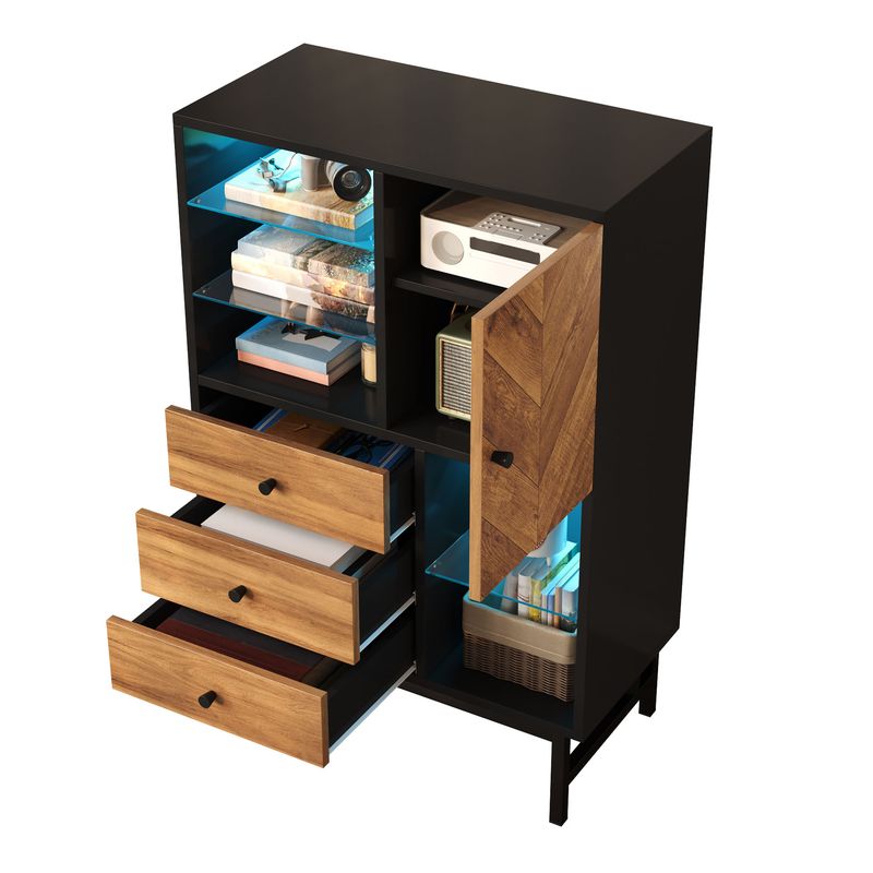 Vetrina con 12 colori di luce LED, Schubladen, Glasböden, Dreieck Holzmaserung_voghion.com