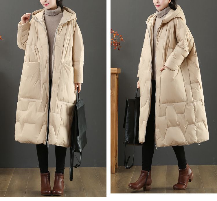 Dammekleeder Grouss Gréissten locker literaresch Laangärm Kapuzenjacket Wanter Neie Stil Iwwer de Knéi Wäiss Entendaun Dënn Daunjacket Trend_voghion.com