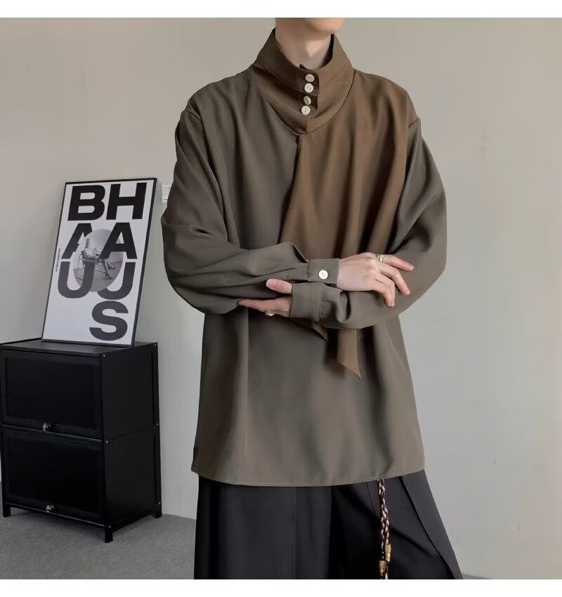 Retro dizaina raibu darbu stila krekls ar stāvapkakli, vīriešu garpiedurkņu, brīvi drapēts krekls pavasarim_voghion.com